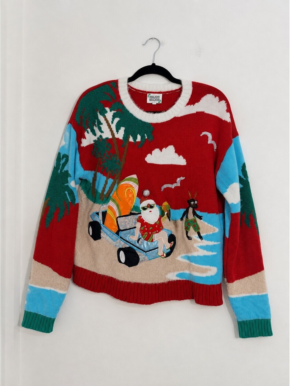 Major Major Santa Beach Tropical Christmas Ugly Sweater Sequin M